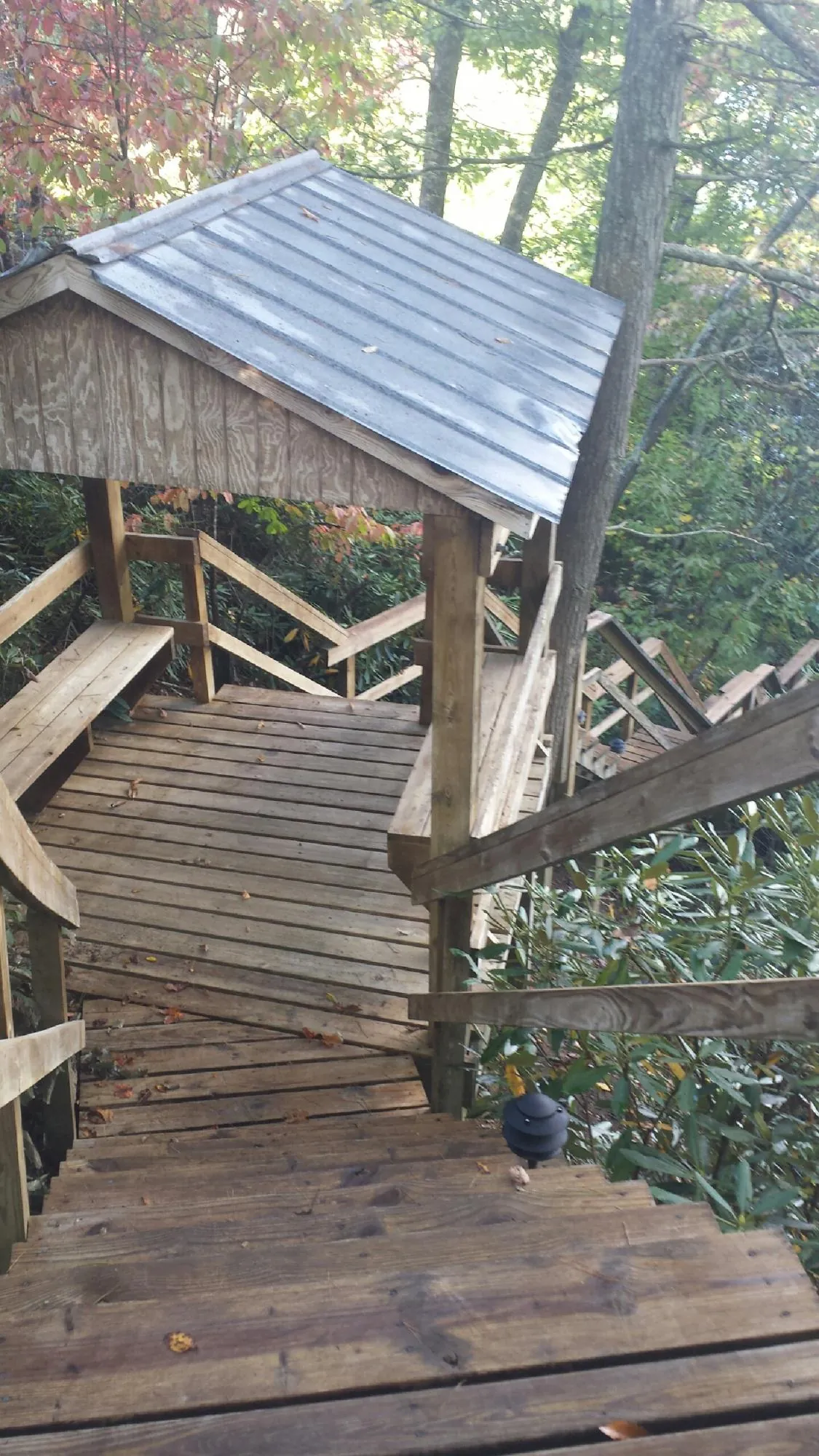 Metal roofed shelter over wooden steps on a wooded walkway — Skylight Repair & Installation work by our crew in Normalville